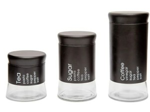 JOGO 3 POTE VIDRO/INOX PRETO SUGAR/TEA/COFFE