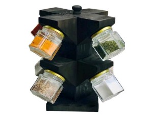 PORTA TEMPERO VIDRO 150ML C/8 + SUPORTE MADEIRA