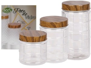 JOGO 3 POTE VIDRO TAMPA MADEIRA