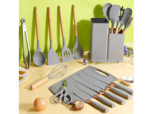 KIT 19 UTENSILIOS SILCONE CABO MADEIRA CINZA