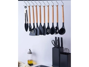 KIT 19 UTENSILIOS SILICONE CABO MADEIRA PRETO