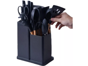 KIT 19 UTENSILIOS SILICONE CABO MADEIRA PRETO