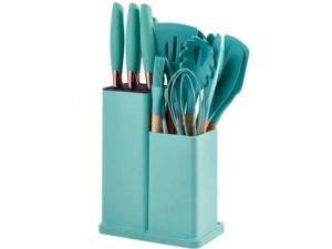 KIT 19 UTENSILIOS SILICONE CABO MADEIRA VERDE