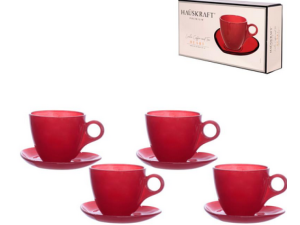 JOGO 4 XICARA+PIRES VIDRO 170ML VERMELHA