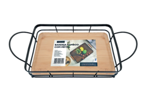 BANDEJA METAL 28X18CM C/BAMBU+PEGADOR