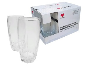 JOGO 6 COPO VIDRO 370ML TRANSPARENTE FUNDO SEXTAVADO