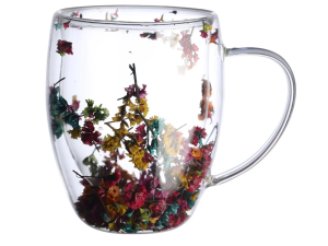 CANECA VIDRO 330ML C/FLOR PAREDE DUPLA
