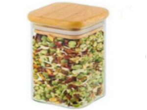 POTE VIDRO 400ML QUADRADO TAMPA-BAMBU