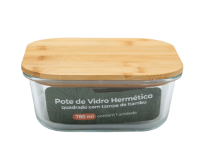 POTE VIDRO 800ML QUADRADO TAMPA-BAMBU