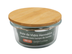 POTE VIDRO 380ML REDONDO TAMPA-BAMBU