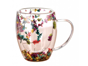 CANECA VIDRO 330ML C/FLOR PAREDE DUPLA