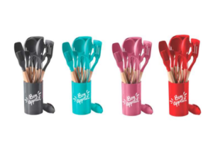 KIT 12 UTENSILIOS SILICONE C/SUPORTE COLOR