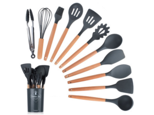 KIT 12 UTENSILIOS SILICONE PRETO CABO MADEIRA