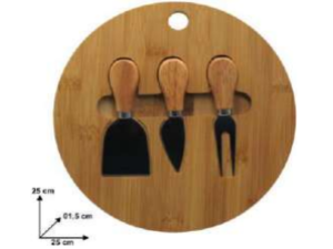TABUA P/QUEIJO MADEIRA C/3-UTENS REDONDA