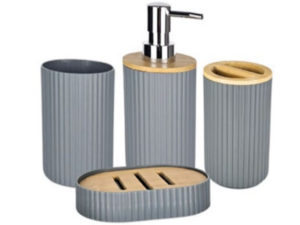 KIT BANHEIRO 4PC PLASTICO CINZA C/BAMBU