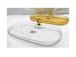 BANDEJA ACRIL CLEAR/OURO 32X18CM C/ENFEITE