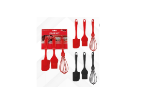 KIT DE UTENSILIOS DE SILICONE COM 3 PEÇAS ESPATULA + PINCEL + BATE CLARA PRETO/VERMELHO