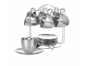 JOGO DE XICARAS COM 6 PEÇAS DE VIDRO 85ML PARA CAFE PRATA COM SUPORTE - SEUL
