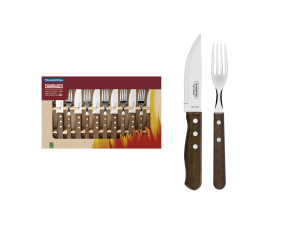 JOGO 12 pc (6-FACA+6-GARFO) JUMBO PARA CHURRASCO CABO MADEIRA